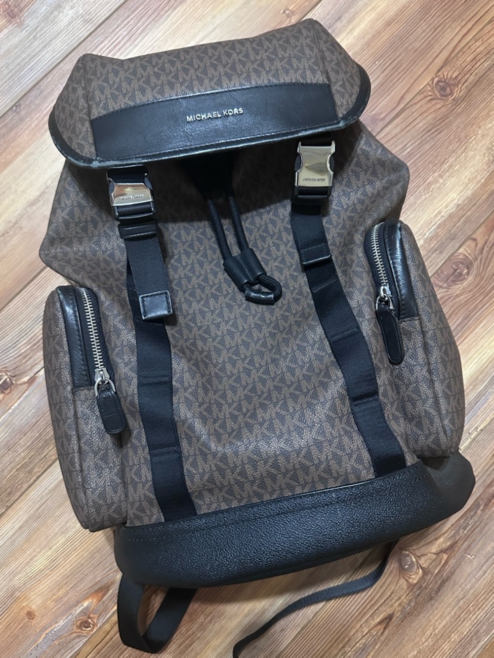 Michael Kors Brown Logo Monogram Backpack with Black Trim